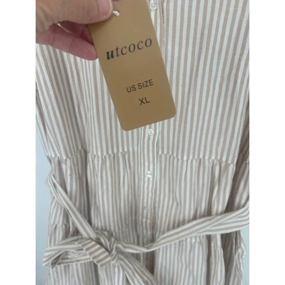 Utcoco Tan White Striped Shirt Dress Cotton Tiered Midi Short Sleeve XL NWT - Picture 4 of 5